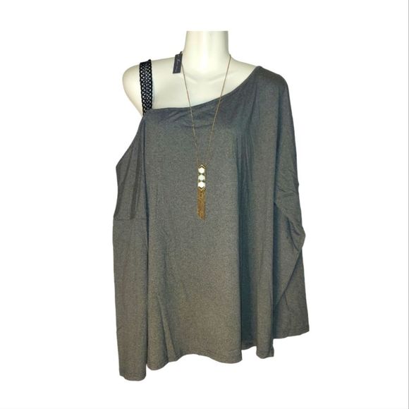 Gray Women's Plus Size Asymmetrical-Neck Cold Shoulder T-Shirt - Picture 3 of 11